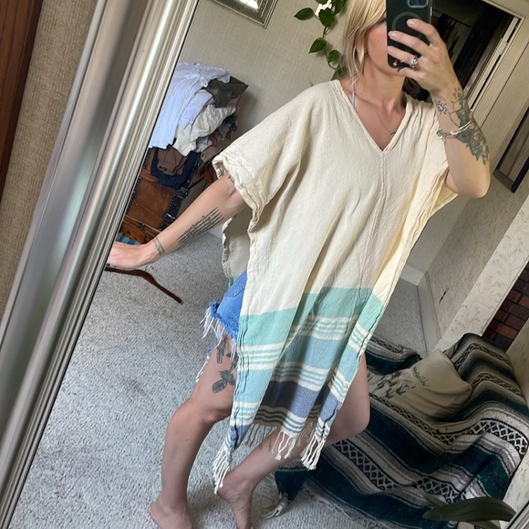 Tribe Alive Cream and Blue Accent Beach Kimono Swim Cover - Picture 5 of 14